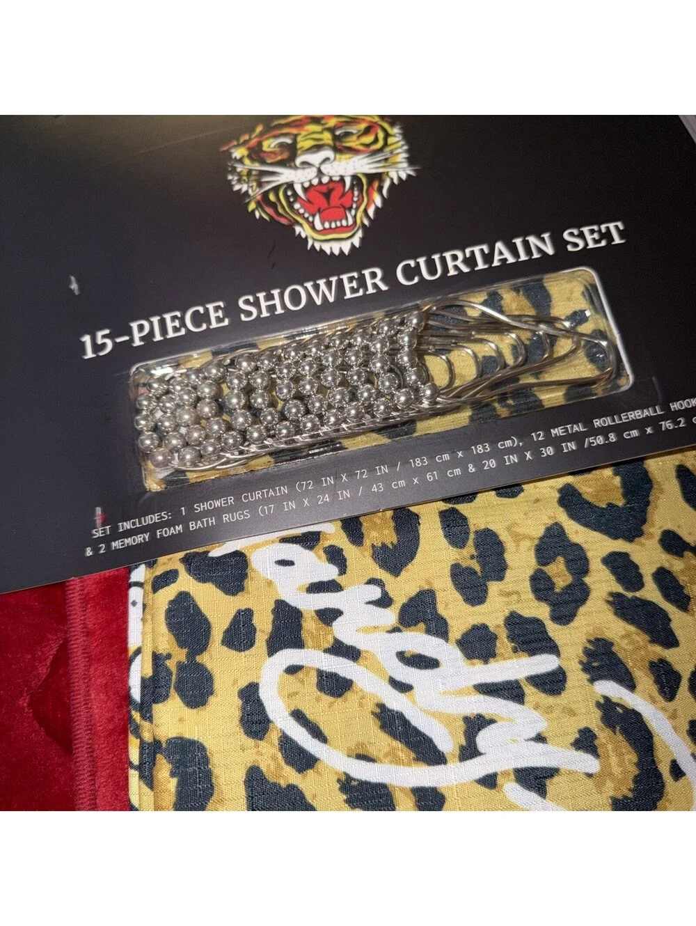 Ed Hardy Leopard Print & Tiger Shower Curtain With Red Memory Foam Rugs Set New